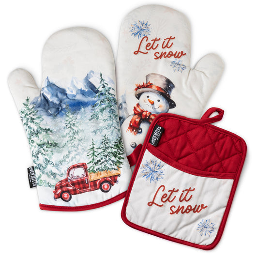 Let It Snow Christmas Oven Mitts And Potholder Set