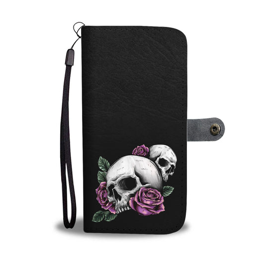 Purple Roses Skull Black Phone Wallet Case