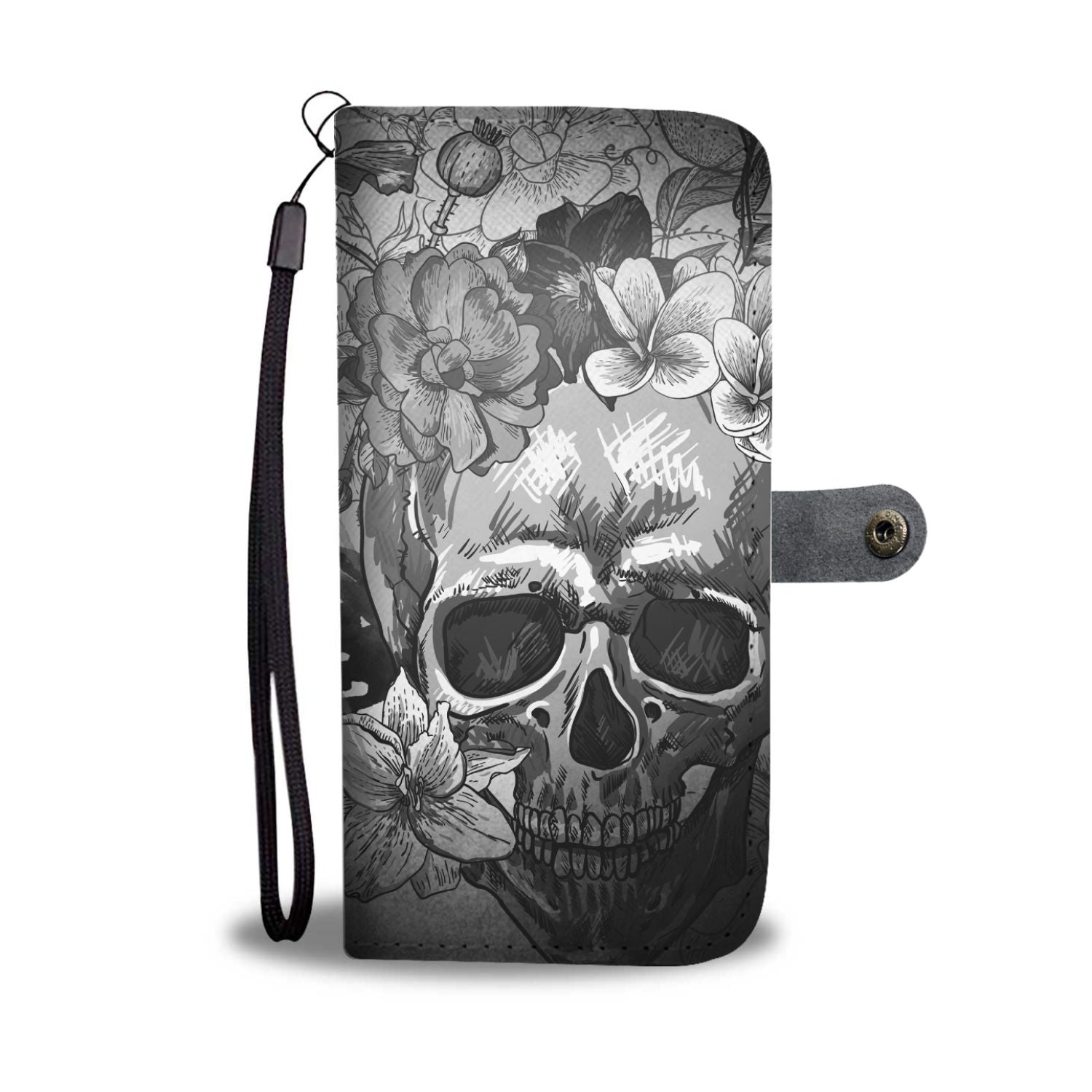 Grey Flowers Skull Phone Wallet Case