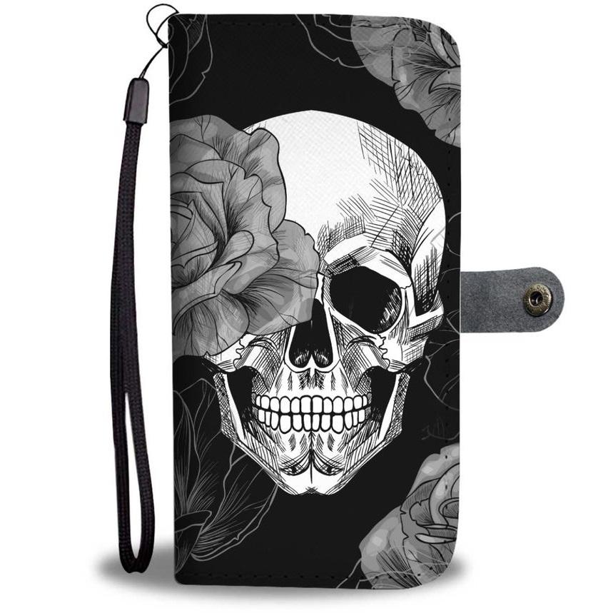 Grey Flower Skull Phone Wallet Case