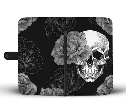 Grey Flower Skull Phone Wallet Case