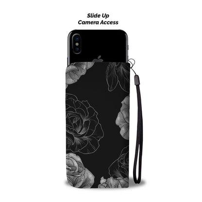 Grey Flower Skull Phone Wallet Case