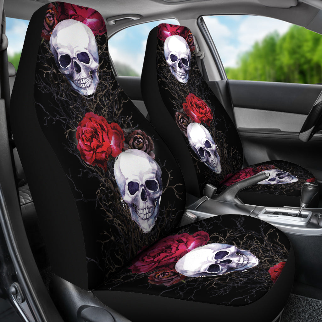 Sugar Skulls Roses Car Seat Covers Pair, 2 Front Car Seat Covers, Seat Cover for Car, Car Seat Protector, Car outlet Accessory, Dark, Skulls, Roses